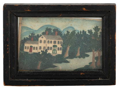 AMERICAN SCHOOL (19th Century,), Rare miniature landscape painting, Watercolor on paper, 2.75" x: AMERICAN SCHOOL19th CenturyRare miniature landscape painting with a colonial house, a river, trees and distant mountains. Unsigned.Watercolor on paper, 2.75" x 4.5". Framed 4.5" x 6". Provenance:The C