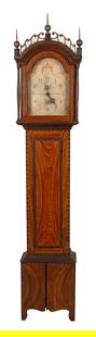 EXCEPTIONAL YELLOW AND RED GRAIN-PAINTED COUNTRY TALL-CASE CLOCK Connecticut, Circa 1820 Height 89".: EXCEPTIONAL YELLOW AND RED GRAIN-PAINTED COUNTRY TALL-CASE CLOCKConnecticut, Circa 1820Dial signed "R. Whiting Winchester", most likely Riley Whiting of Winchester, Connecticut. Grain-painted surfaces