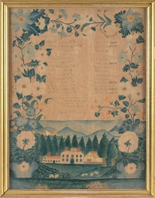 CLOUGH FAMILY RECORD New Hampshire, Mid-19th Century Watercolor and ink on paper, 19" x 14.5" sight.