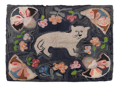 HOOKED RUG WITH WOODLAND SCENE 20th Century 39" x 46".