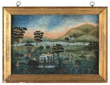 AMERICAN SCHOOL (19th Century,), Brilliantly colored primitive landscape with a single figure, a