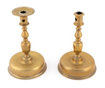 TWO SIMILAR ENGLISH OR DUTCH BRASS CANDLESTICKS 18th Century Heights 9.5" and 9.75".