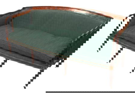 FEDERAL MAHOGANY AND FLAME BIRCH VENEER SOFA North Shore of Massachusetts or Portsmouth, New: FEDERAL MAHOGANY AND FLAME BIRCH VENEER SOFANorth Shore of Massachusetts or Portsmouth, New Hampshire, Circa 1800-1810Flame birch veneer panels on the arching crest rail and both the inside and outsid