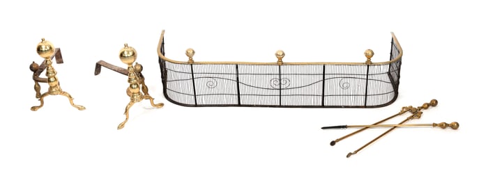 SET OF FIREPLACE EQUIPMENT Likely New England, Circa 1800 Andiron heights 16". Fender height 13".