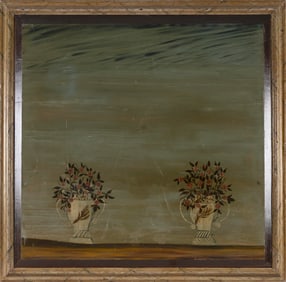 PAINT-DECORATED OVERMANTEL BOARD 19th Century Oil on pine board, 36" x 36.5". Framed 39.5" x 40".