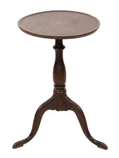 CHIPPENDALE INLAID MAPLE DISH-TOP CANDLESTAND 18th Century Height 26.75". Diameter 16.75".: CHIPPENDALE INLAID MAPLE DISH-TOP CANDLESTAND18th CenturyTop inlaid with a contrasting wood six-pointed star. Baluster pedestal raised on three cabriole legs ending in padded slipper feet.Height 26.75