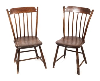 PAIR OF THUMB-BACK CHAIRS 19th Century Back heights 33". Seat heights 16".