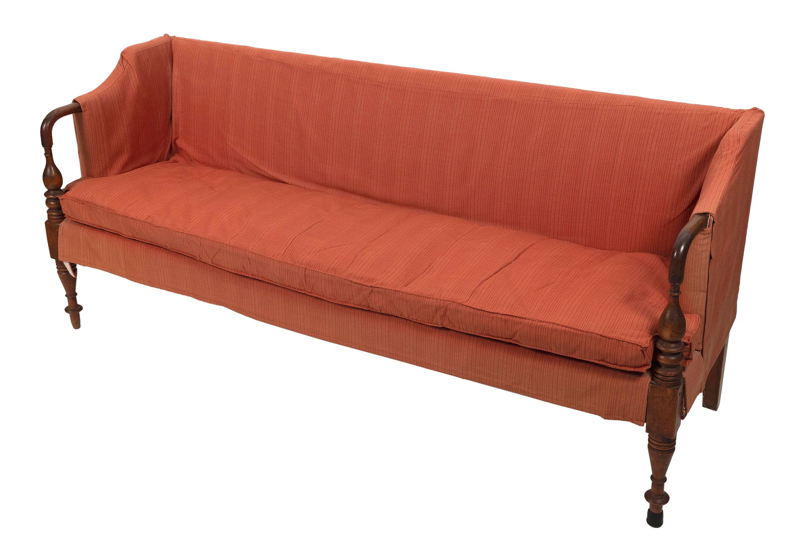 FEDERAL BIRCHWOOD SOFA New England, Early 19th Century Back height 33". Seat height 16". Length 77".: FEDERAL BIRCHWOOD SOFANew England, Early 19th CenturyVasiform arm supports continue to block and turned front legs.Back height 33". Seat height 16". Length 77". Depth 24". Provenance:The Collection of