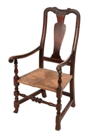 QUEEN ANNE PAINTED AND CARVED MAPLE SPANISH FOOT ARMCHAIR New England, Circa 1730-1750 Back height