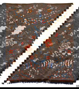 EXTRAORDINARY CREWEL EMBROIDERED COVERLET Massachusetts, Circa 1830 78" x 84".: EXTRAORDINARY CREWEL EMBROIDERED COVERLETMassachusetts, Circa 1830Colorful basket of flowers design against a dark brown wool ground. Fringe on three sides.78" x 84". Provenance:The Collection of Mart