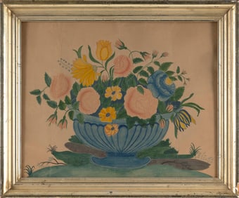 AMERICAN SCHOOL (19th Century,), Bouquet of pink, yellow and blue flowers in a blue compote., Mixed