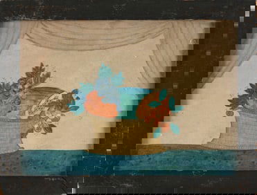 AMERICAN SCHOOL (19th Century,), Fruit in a basket backed by drapery., Mixed media, 9.5" x 13.5"