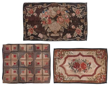 THREE HOOKED RUGS 20th Century 26" x 41", 30" x 35" and 40" x 72".