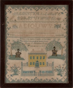 NEEDLEWORK SAMPLER WROUGHT BY DESIRE E. DAMMEN Scituate, Massachusetts, Dated 1804 18.75" x 15.25"