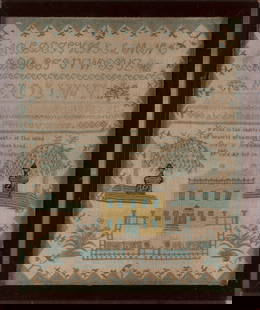 NEEDLEWORK SAMPLER WROUGHT BY DESIRE E. DAMMEN Scituate, Massachusetts, Dated 1804 18.75" x 15.25": NEEDLEWORK SAMPLER WROUGHT BY DESIRE E. DAMMENScituate, Massachusetts, Dated 1804Silk on linen. Upper panel with rows of alphabets interspersed with flowering plants. Lower panel with weeping willows
