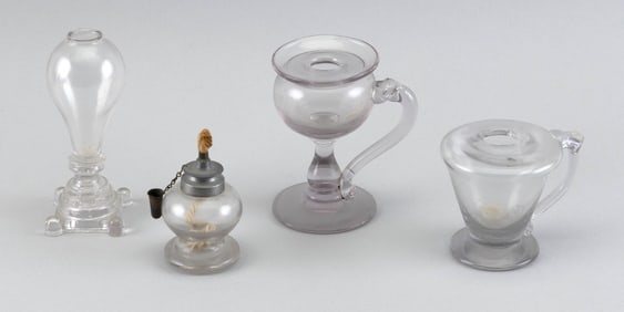 FOUR CLEAR GLASS SPARKING LAMPS 19th Century Heights to 5.25".