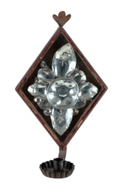 DIAMOND-SHAPED PEWTER AND TIN MIRRORED WALL SCONCE Late 18th Century Height 13.25".