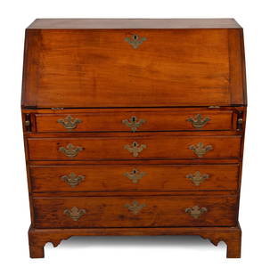 QUEEN ANNE HARDWOOD SLANT-LID DESK Late 18th Century Height 42". Width 38.5". Depth 20".: QUEEN ANNE HARDWOOD SLANT-LID DESKLate 18th CenturyProbably birch. Slant lid encloses valanced pigeonholes, pull-out document boxes fronted with columnar trim, and a variety of drawers. Case with four