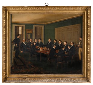 AMERICAN SCHOOL (19th Century,), Interior meeting scene., Oil on canvas, 25" x 30". Framed 30" x