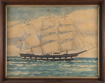 AMERICAN SCHOOL (19th Century,), Portrait of a square-rigged ship., Watercolor on paper, 21" x