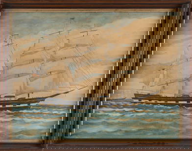 AMERICAN SCHOOL (19th Century,), Portrait of a square-rigged ship., Watercolor on paper, 21" x: AMERICAN SCHOOL19th CenturyPortrait of a square-rigged ship. Possibly the work of a child or young adult. Unsigned.Watercolor on paper, 21" x 27.5". Framed 25" x 31". Provenance:The Collection of Mart