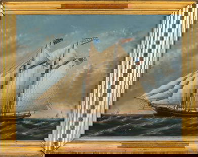 JOSEPH LEE (California/France/England, 1827-1880), Schooner Louisa Morrison, probably in San: JOSEPH LEECalifornia/France/England, 1827-1880Schooner Louisa Morrison, probably in San Francisco Bay. Signed lower right "Joseph Lee". Obverse of frame inscribed "Schooner Louisa Morrison Built by Ho