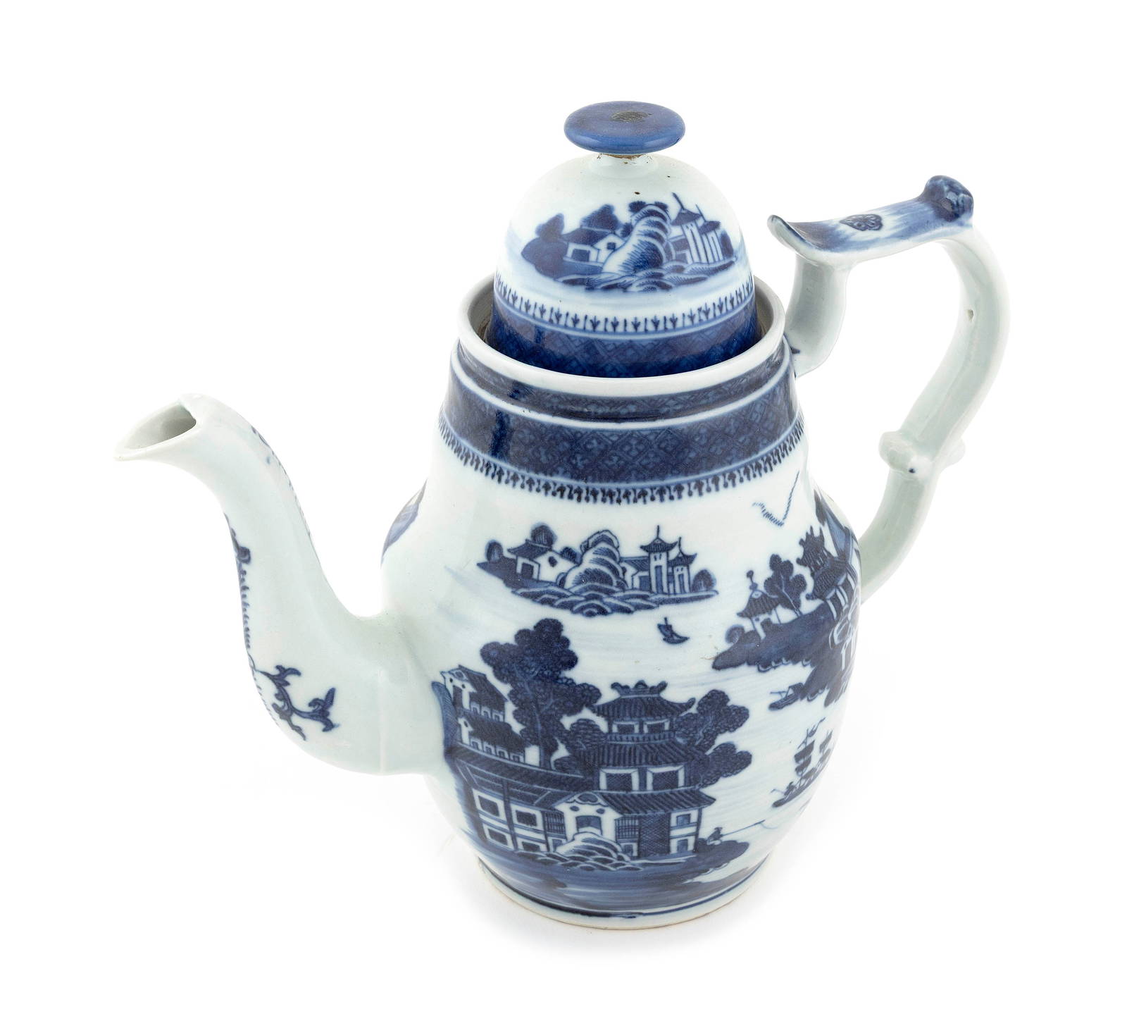 CHINESE EXPORT BLUE AND WHITE PORCELAIN COFFEEPOT 19th Century Height 10.5\".