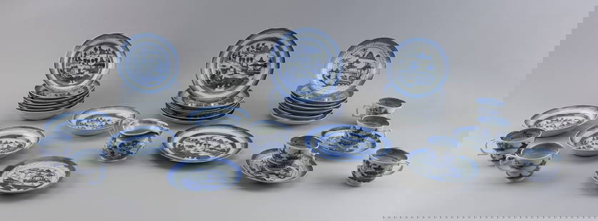 CHINESE EXPORT BLUE AND WHITE CANTON PORCELAIN ASSEMBLED AFTER-DINNER SERVICE 19th Century: CHINESE EXPORT BLUE AND WHITE CANTON PORCELAIN ASSEMBLED AFTER-DINNER SERVICE19th CenturySome variation of patterns. Consists of:6 dessert plates, diameters 7.5"10 shallow fruit bowls, diameters 6"6 c