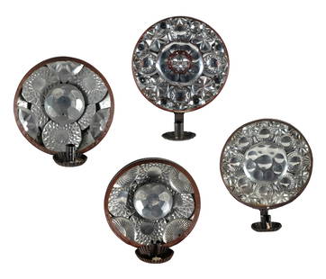 TWO PAIRS OF EARLY FEDERAL TIN MIRRORED WALL SCONCES Circa 1810 Diameters 9.5".: TWO PAIRS OF EARLY FEDERAL TIN MIRRORED WALL SCONCESCirca 1810Diameters 9.5". Provenance:The Collection of Martha Hamilton.
