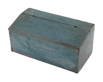 SLATE BLUE PAINTED CANDLE BOX America, Early 19th Century Height 5.25". Width 11.25". Depth 6".