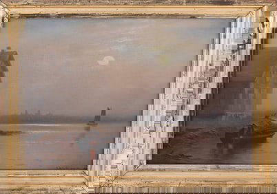 CHARLES HENRY GIFFORD (Massachusetts, 1839-1904), Readying the boat., Oil on canvas, 12" x 16".