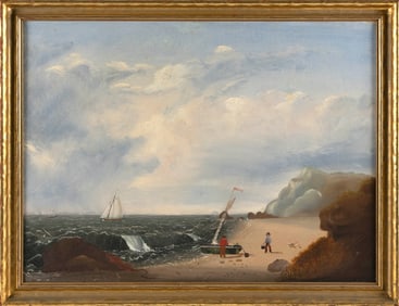 AMERICAN SCHOOL (19th Century,), Seascape with two figures by a beached sailboat in the foreground,