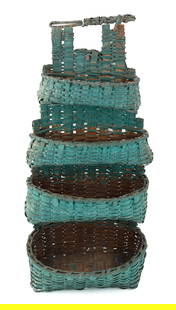 SPLINTWORK FOUR-TIER WALL POCKET 19th Century Height 25". Width 11.25". Depth 4.5".: SPLINTWORK FOUR-TIER WALL POCKET19th CenturyProbably Northeast Native American. Most surfaces painted blue-green, though some left natural. Hanging bracket over four graduated pockets.Height 25". Widt