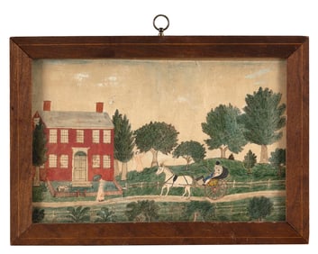 AMERICAN SCHOOL (Early 19th Century,), View of a horse and carriage outside a Federal house,