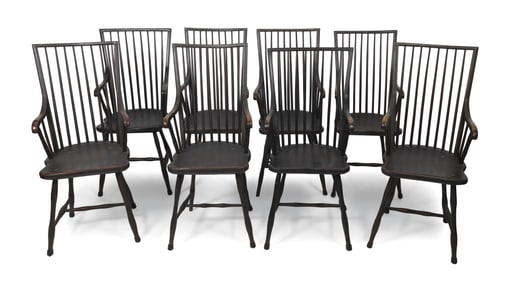 IMPORTANT ASSEMBLED SET OF EIGHT PAINTED HIGH-BACK WINDSOR ARMCHAIRS America, 1800-1810 Back heights