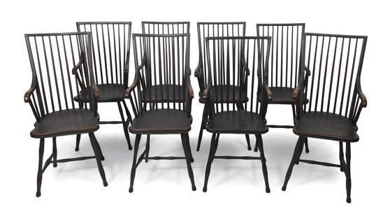 IMPORTANT ASSEMBLED SET OF EIGHT PAINTED HIGH-BACK WINDSOR ARMCHAIRS America, 1800-1810 Back heights: IMPORTANT ASSEMBLED SET OF EIGHT PAINTED HIGH-BACK WINDSOR ARMCHAIRSAmerica, 1800-1810Original black paint with Late 19th Century black-on-red graining and more recent varnish. Bamboo-turned eight-spi