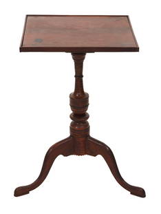 CHIPPENDALE CHERRY AND TIGER MAPLE CANDLESTAND Connecticut, Circa 1770-1790 Height 25.5". Top 16" x: CHIPPENDALE CHERRY AND TIGER MAPLE CANDLESTANDConnecticut, Circa 1770-1790Old red surface. Square top with molded edge. Wonderfully figured tiger maple turned and chip-carved base. Three cabriole legs