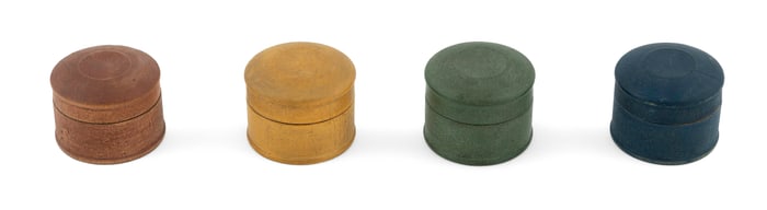 SET OF FOUR SHAKER PAINTED PINE PILL BOXES Enfield, Connecticut, 19th Century Heights 2". Diameters