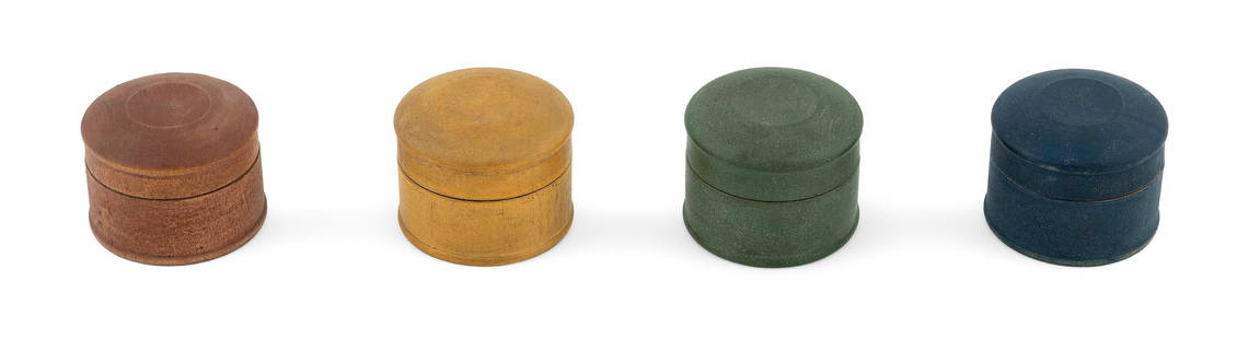 SET OF FOUR SHAKER PAINTED PINE PILL BOXES Enfield, Connecticut, 19th Century Heights 2". Diameters: SET OF FOUR SHAKER PAINTED PINE PILL BOXESEnfield, Connecticut, 19th CenturyRed, yellow, green and blue.Heights 2". Diameters 2.5". Provenance:Skinner, Inc., Massachusetts: The Shaker Auction, October