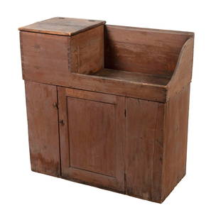 SHAKER TWO-LEVEL DRY SINK 19th Century Height 36.25". Width 36". Depth 16.25".: SHAKER TWO-LEVEL DRY SINK19th CenturyUnder old red paint. Upper section compartment with hinged lid. Lower section with single paneled door enclosing shelves on both sides.Height 36.25". Width 36". De