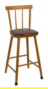 MAPLE AND PINE TALL WORK CHAIR 19th Century Back height 40.75". Seat height 28".: MAPLE AND PINE TALL WORK CHAIR19th CenturyOld yellow paint over salmon red. Back with straight crest and pencil post stiles. Plank seat with straw-filled leather covering affixed with tacks. Splayed l