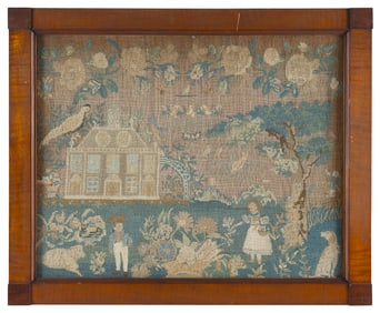 EXCEPTIONAL FOLK ART NEEDLEWORK PICTURE Vermont or Pennsylvania, Dated 1834 17.75" x 22" sight.