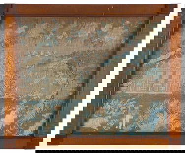 EXCEPTIONAL FOLK ART NEEDLEWORK PICTURE Vermont or Pennsylvania, Dated 1834 17.75" x 22" sight.: EXCEPTIONAL FOLK ART NEEDLEWORK PICTUREVermont or Pennsylvania, Dated 1834"Mary Ann Rowe's Work, Reading, 1834". Reminiscent of the Mason School, Kutztown, Pennsylvania. Depicts a lush floral landscap
