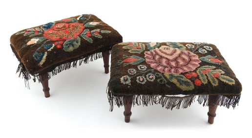 PAIR OF UPHOLSTERED PINE AND MAPLE WINDSOR FOOTSTOOLS OR CRICKETS New England, Second Quarter of the