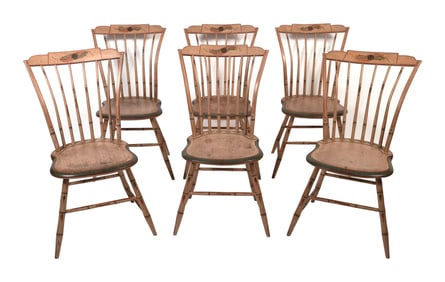 FINE AND RARE SET OF SIX DANIEL STEWART PAINT-DECORATED STEP-DOWN WINDSOR SIDE CHAIRS Farmington,