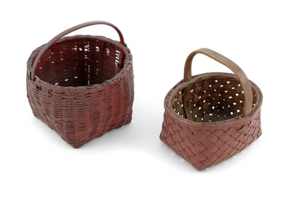 TWO SMALL RED PAINTED BASKETS 19th Century Heights 6" and 7.5".