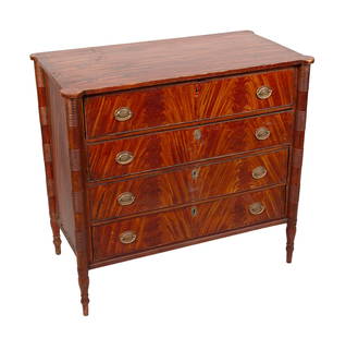 FEDERAL PAINT-DECORATED PINE CHEST OF DRAWERS New England, Early 19th Century Height 38.75". Width: FEDERAL PAINT-DECORATED PINE CHEST OF DRAWERSNew England, Early 19th CenturyRed and yellow grain paint simulates crotch-grain veneer. Top with porringer corners. Ring-turned three-quarter columns at s