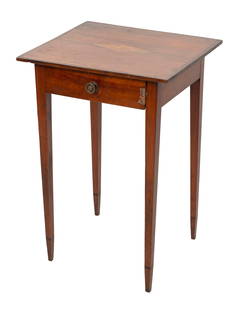 COUNTRY FEDERAL INLAID LAMP STAND Massachusetts or New Hampshire, Late 18th/Early 19th Century: COUNTRY FEDERAL INLAID LAMP STANDMassachusetts or New Hampshire, Late 18th/Early 19th CenturyCherry or mahogany. Rectangular overhanging top inlaid with a bird's-eye maple diamond outlined with string