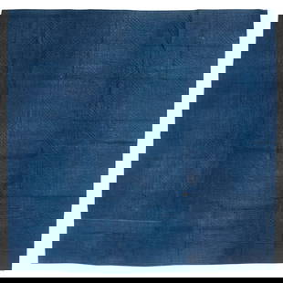 INDIGO-DYED LINSEY-WOOLSEY QUILTED COVERLET America, Early 19th Century Approx. 99" x 97".: INDIGO-DYED LINSEY-WOOLSEY QUILTED COVERLETAmerica, Early 19th CenturyDesign of diamonds, hearts, flowers and pinwheels. Gold-colored backing.Approx. 99" x 97". Provenance:The Collection of Martha Ham