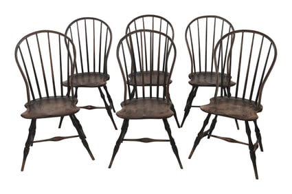 SET OF SIX PAINTED BOW-BACK WINDSOR SIDE CHAIRS Massachusetts or New Hampshire, 18th Century Back